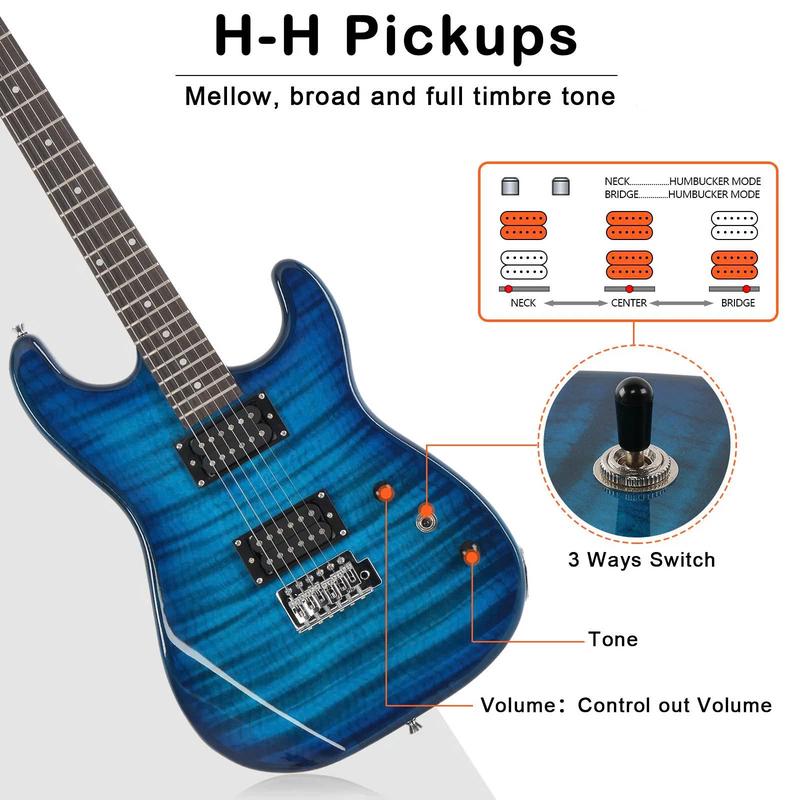 39in Full Size Beginner Electric Guitar Starter Kit w Case, 20W Amp, Black, Blue - YOUTH MUSIC