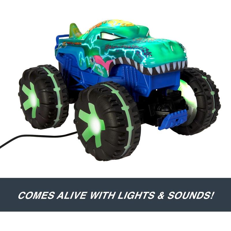 Hot Wheels Toy Truck Monster Trucks RC, Oversized Remote-Control Mega-Wrex Alive in 1:15 Scale, 3 Modes of Play with Interactive Lights & Sounds