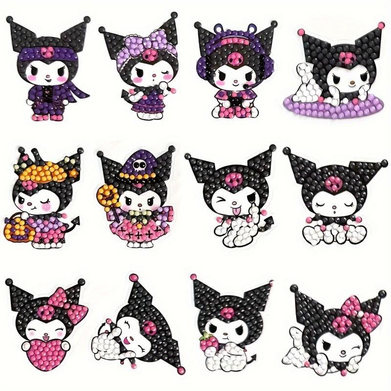 Kuromi Cartoon Anime Theme Diamond Arts Colorful Painting Sticker Kit, 12pcs set DIY Diamond Sticker Paint by Numbers Kit, DIY Cartoon Theme Sticker for Gift