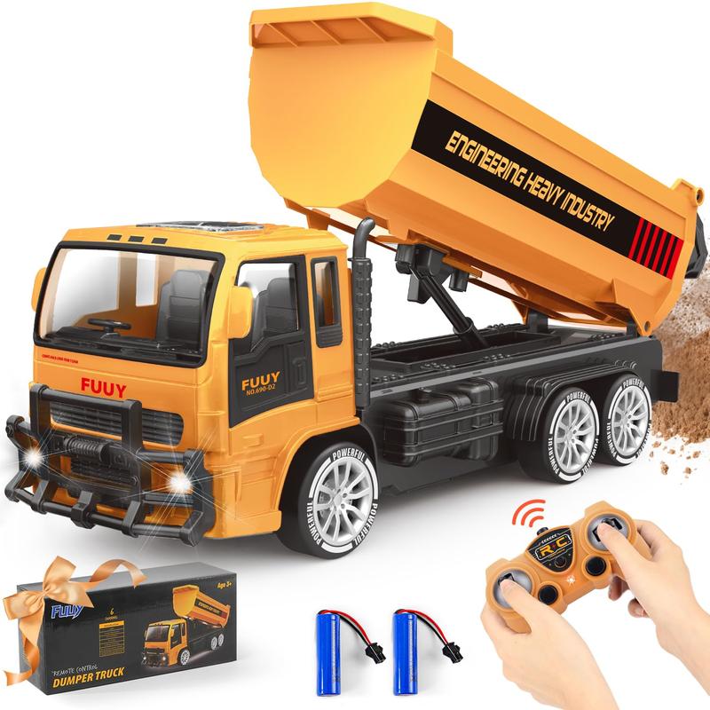 FUUY Remote Control Dump Truck Toy for Kids - Dual Battery, LED Headlights, 2.4GHz, 4-Wheel Drive, 360° Rotation, 45° Tilting Bed, All-Terrain Construction Vehicle for Sand, Stone, Lawn, and Road-Engineering Vehicle