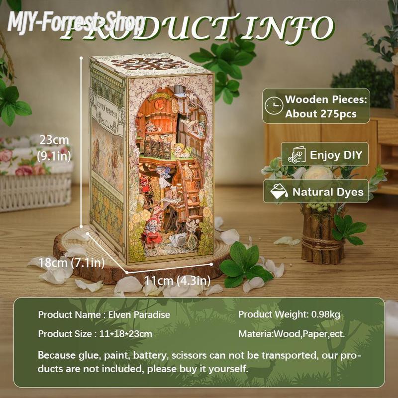 Elven Paradise Dollhouse - Gift Home Office - DIY Kit - 3D Wooden Puzzle. With LED Night Light. Handmade Craft. Charming Book Nook. Magical Decor.