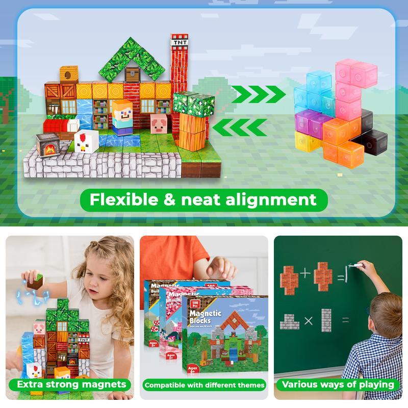 Magnetic Blocks-100PCS Magnetic BuildingBlocks Magnetic Tiles Stacking, Build MineMagnet World Set, STEM Montessori SensoryToys magnet blocks，best gift，Christmas gift，toys for boys，kids toys