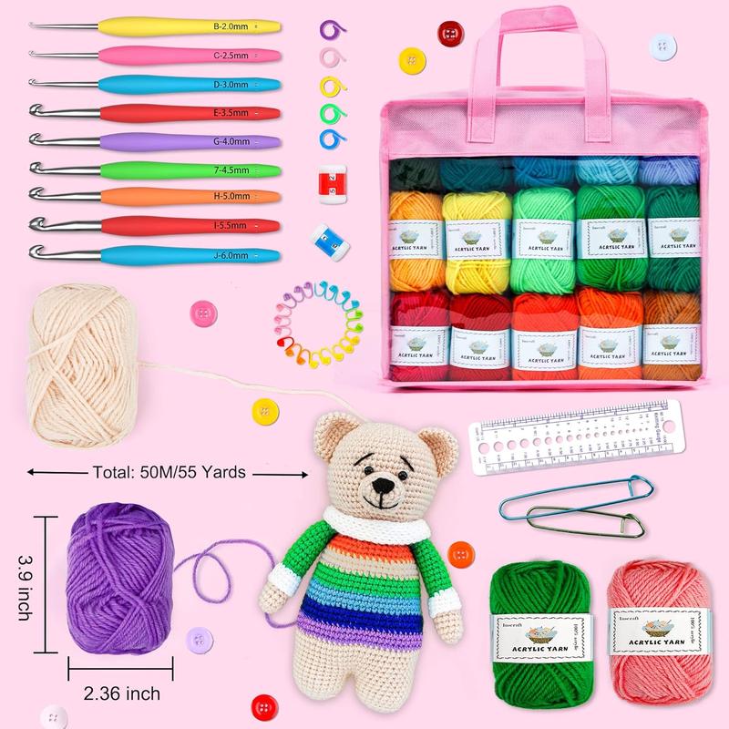 Crochet Yarn Kit for Beginners Adults and , Includes 1650 Yards 30 Colors  Skeins, User Manual, Hooks, Pink Bag etc, Make Amigurumi & Crocheting Projects, Starter Set for Professionals