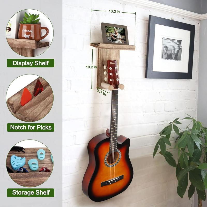 Guitar Wall Mount,2 Pack Guitar Hanger Wall Guitar Shelf with Pick Holder Wood Guitar Rack for Acoustic or Electric Guitar,Ukulele,Bass,Mandolin,Brown(Patented)