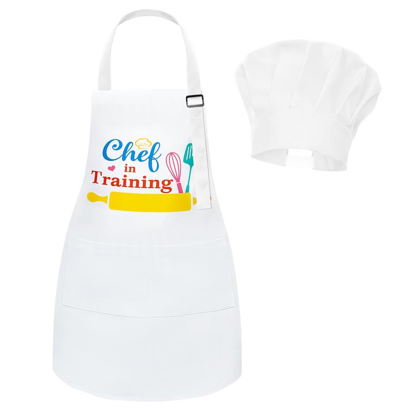 Kid Apron and Chef Hat Set - R HORSE 2Pcs Adjustable Children White Kitchen Apron Dress up Role Play Chef Toy Kid Funny Cooking Gift Birthday Gift for Kids Cooking Baking Painting and Training