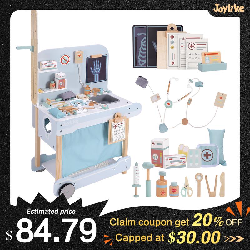 Joylike Wooden Medical Cart， Pretend Play Set Toy for Kids，With All Kinds of Wooden Medical Device