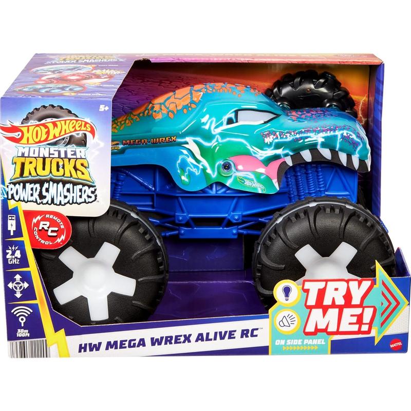 Hot Wheels Toy Truck Monster Trucks RC, Oversized Remote-Control Mega-Wrex Alive in 1:15 Scale, 3 Modes of Play with Interactive Lights & Sounds