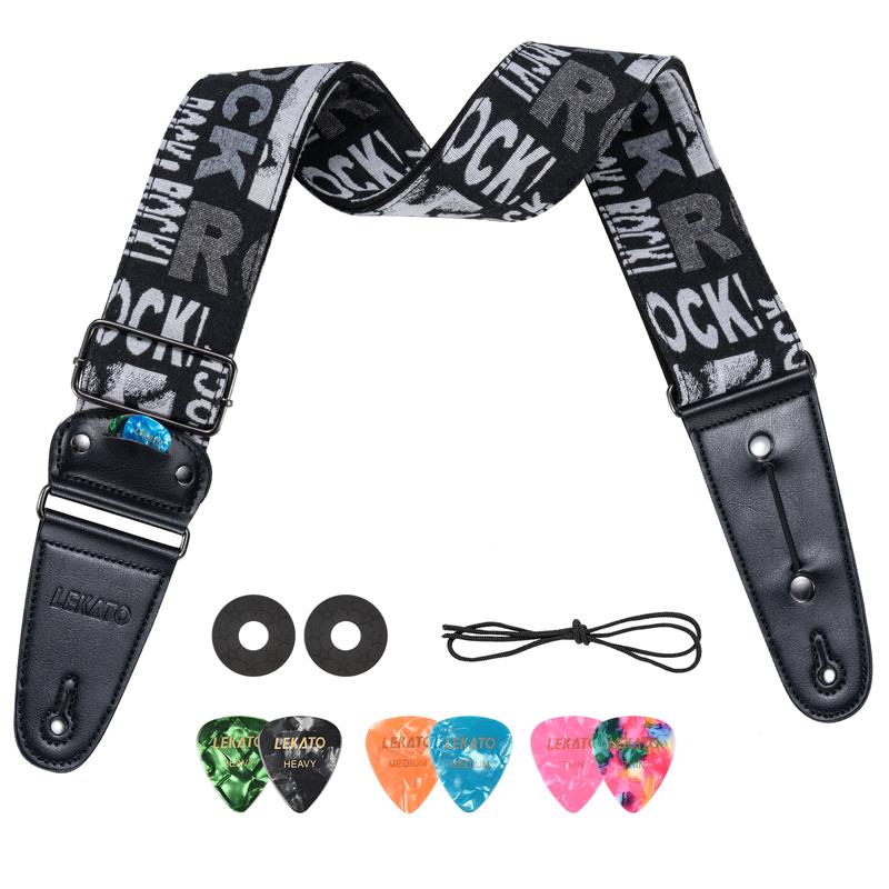 LEKATO LGS-9 Guitar Straps Electric Bass Guitar Strap with Pick Holder 2 Strap Locks & 6 Guitar Picks Cotton Bass Guitar Strap Adjustable Length from 37