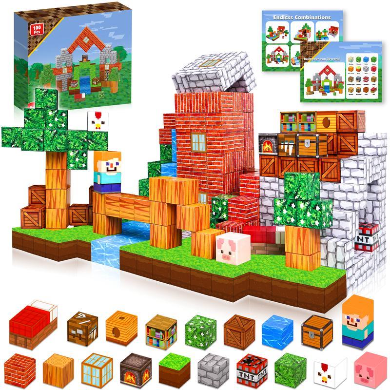 Magnetic Blocks-100PCS Magnetic BuildingBlocks Magnetic Tiles Stacking, Build MineMagnet World Set, STEM Montessori SensoryToys magnet blocks，best gift，Christmas gift，toys for boys，kids toys