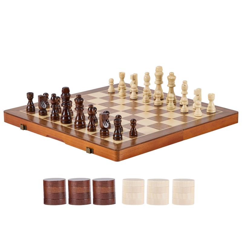 VEVOR Magnetic Wooden Chess Set, 15 inch 2-IN-1 Chess Checkers Game Set, Folding Chess Board Games for Adults , 2 Queens Portable Travel Gift Chess Set for Tournament Professional Beginner