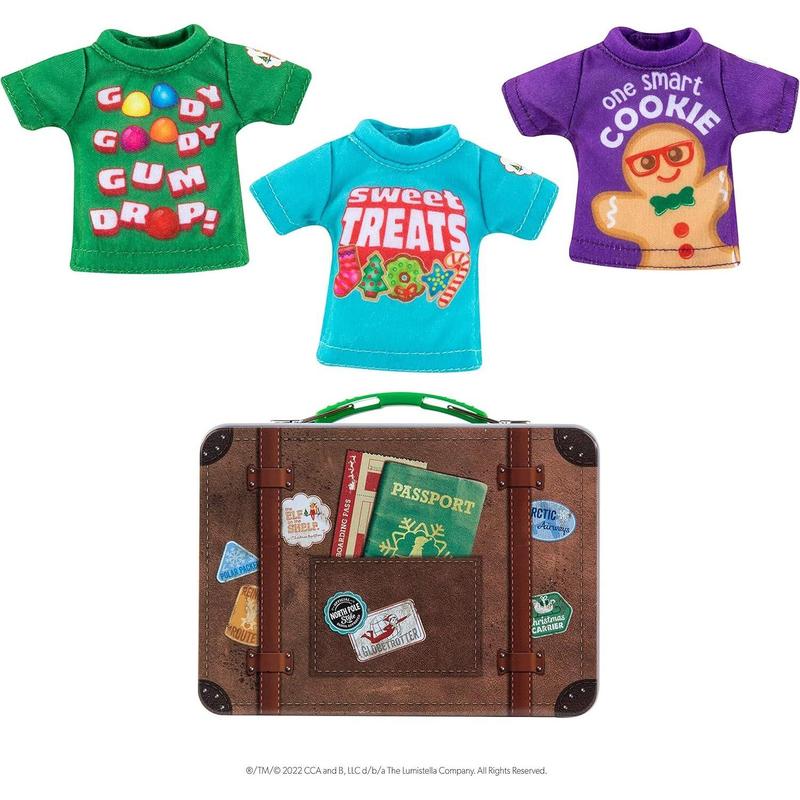 The Elf on the Shelf Claus Couture Sweet Treat Tees for Your Scout Elf - Includes Three tees with Collectible tin Suitcase for Accessories