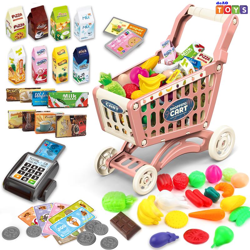 deAO Shopping Cart Trolley for Groceries 65 Food Fruit Vegetables Pretend Play Food Role Play Educational Toy Play Kitchen Toys Store Playset