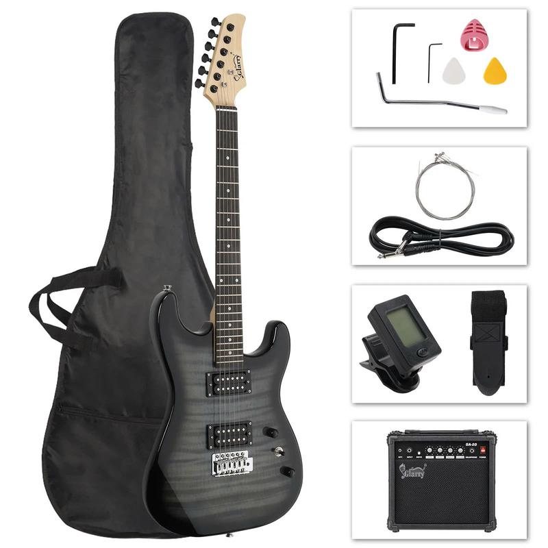 39in Full Size Beginner Electric Guitar Starter Kit w Case, 20W Amp, Black, Blue - YOUTH MUSIC