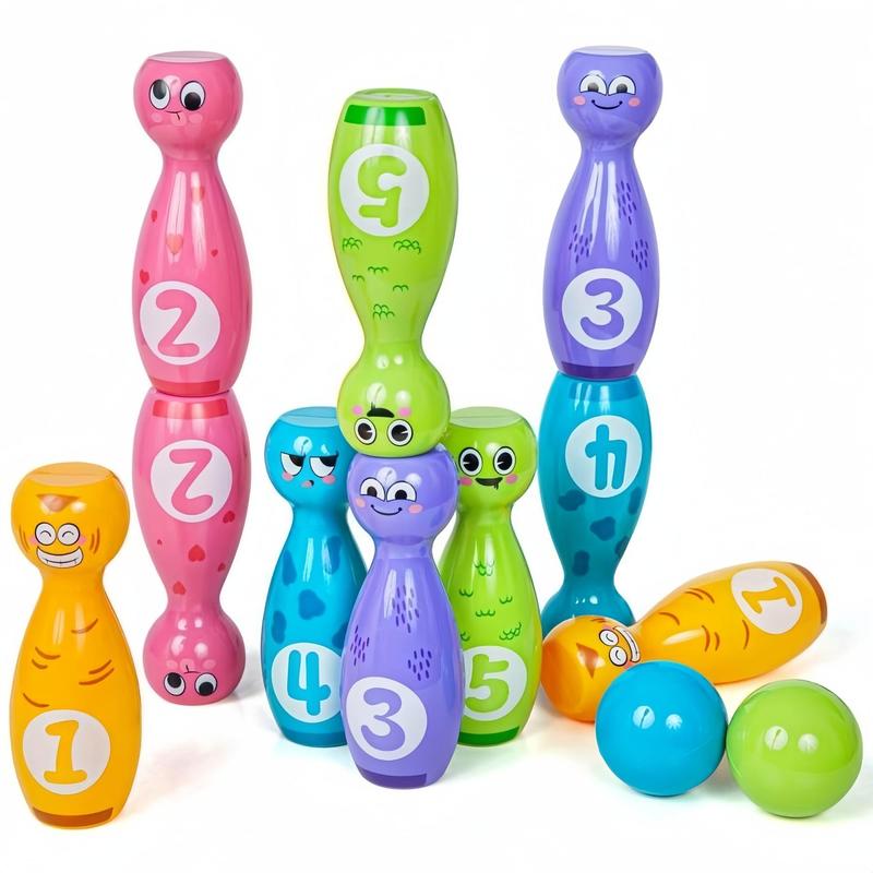 Cartoon Bowling Ball Toy, 1 Set Cute Expression Bowling Ball, Including 10 Bottles & 2 Balls, Birthday Gift