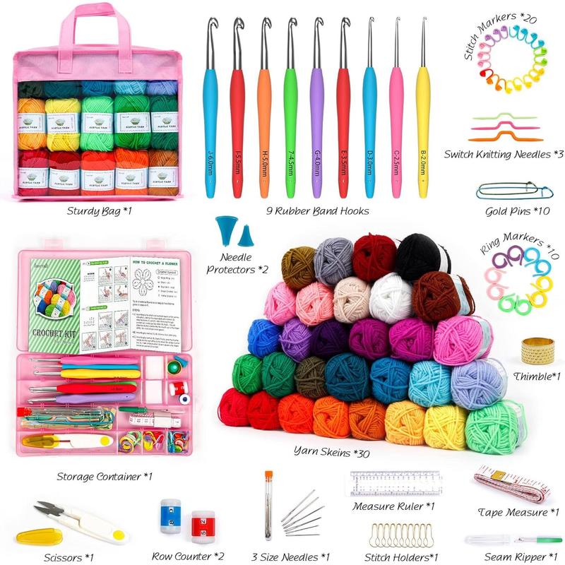 Crochet Yarn Kit for Beginners Adults and , Includes 1650 Yards 30 Colors  Skeins, User Manual, Hooks, Pink Bag etc, Make Amigurumi & Crocheting Projects, Starter Set for Professionals