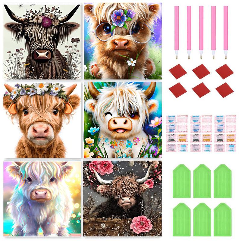 Highland Cow Pattern DIY Diamond Painting Kit without Frame, 6 Counts Set 5D Diamond Painting Cross Stitch Kit, DIY Decor Painting for Bedroom Living Room