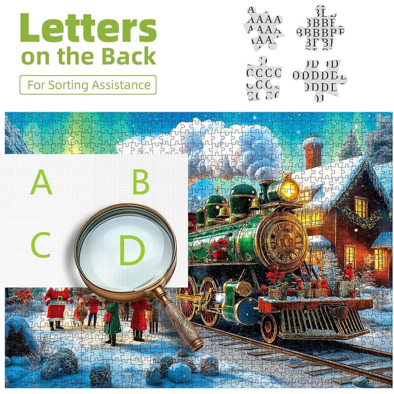 Christmas Puzzles for Adults 1000 Pieces Winter Train Town Jigsaw Puzzles for Adult Puzzles 1000 Pieces with Letters on Back Challenging Holiday Family Puzzle Gifts for Women Men Seniors