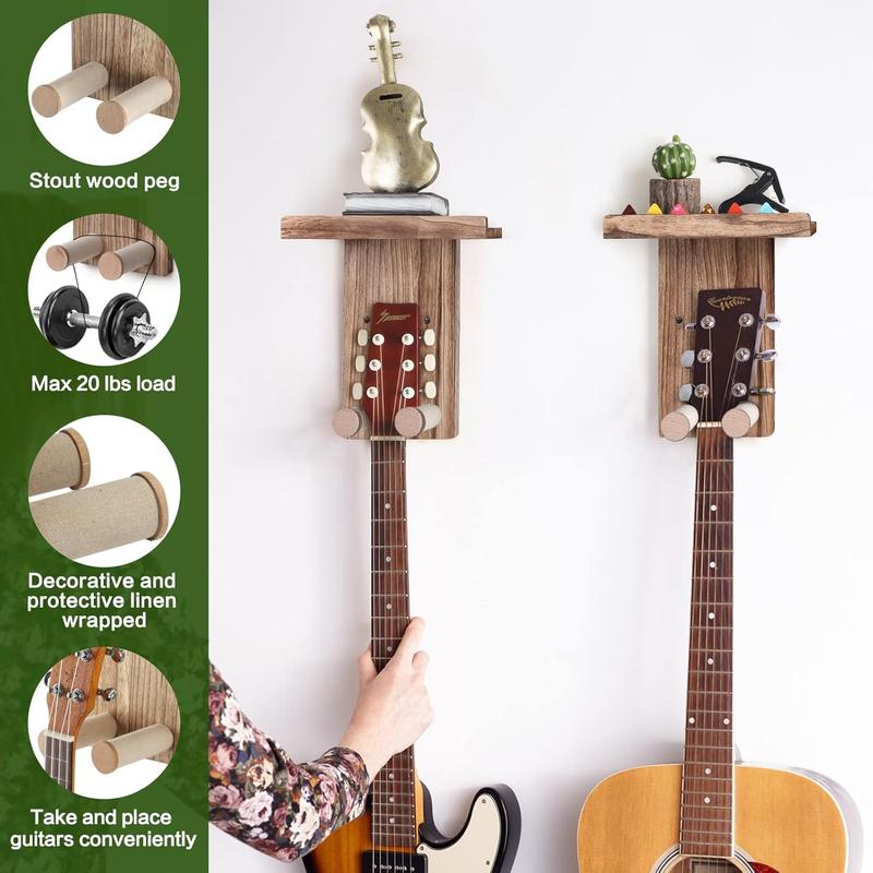 Guitar Wall Mount,2 Pack Guitar Hanger Wall Guitar Shelf with Pick Holder Wood Guitar Rack for Acoustic or Electric Guitar,Ukulele,Bass,Mandolin,Brown(Patented)