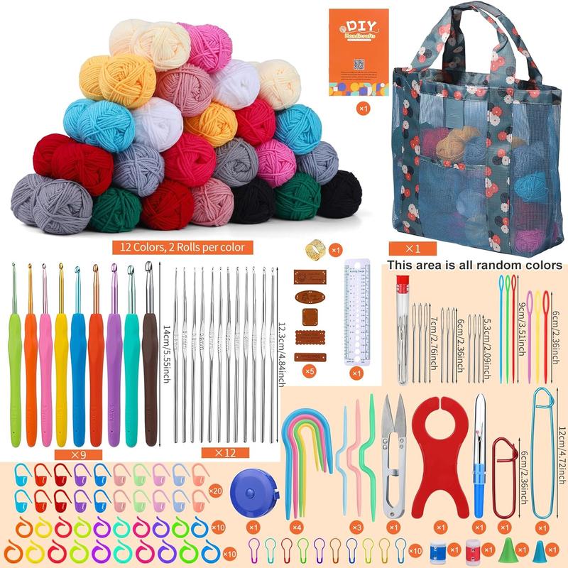 Beginner Crochet Kit for Beginners, Adult Crochet Kit 138 count Crochet Start Kit Include 24 Rolls Crochet Yarns, Crochet Hooks and Crochet Craft Tools with Basic Crochet Video Tutorials