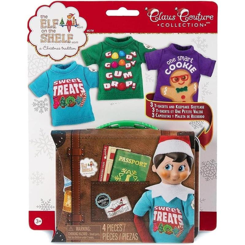 The Elf on the Shelf Claus Couture Sweet Treat Tees for Your Scout Elf - Includes Three tees with Collectible tin Suitcase for Accessories