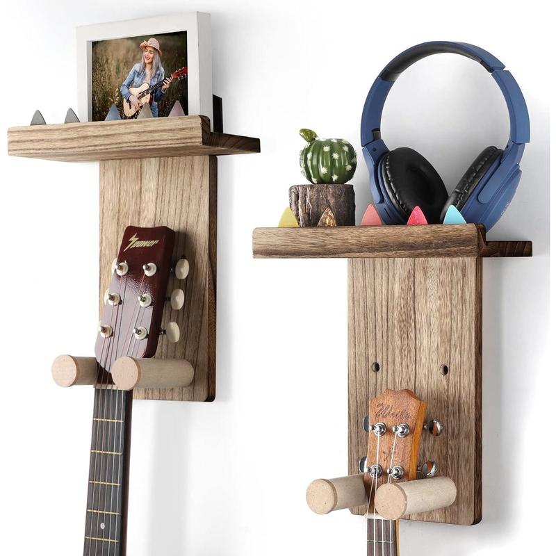 Guitar Wall Mount,2 Pack Guitar Hanger Wall Guitar Shelf with Pick Holder Wood Guitar Rack for Acoustic or Electric Guitar,Ukulele,Bass,Mandolin,Brown(Patented)