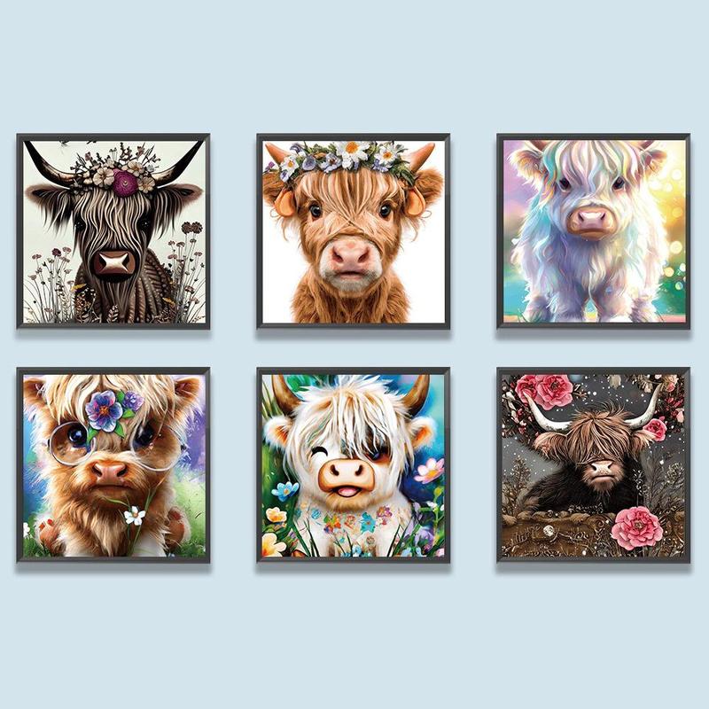 Highland Cow Pattern DIY Diamond Painting Kit without Frame, 6 Counts Set 5D Diamond Painting Cross Stitch Kit, DIY Decor Painting for Bedroom Living Room