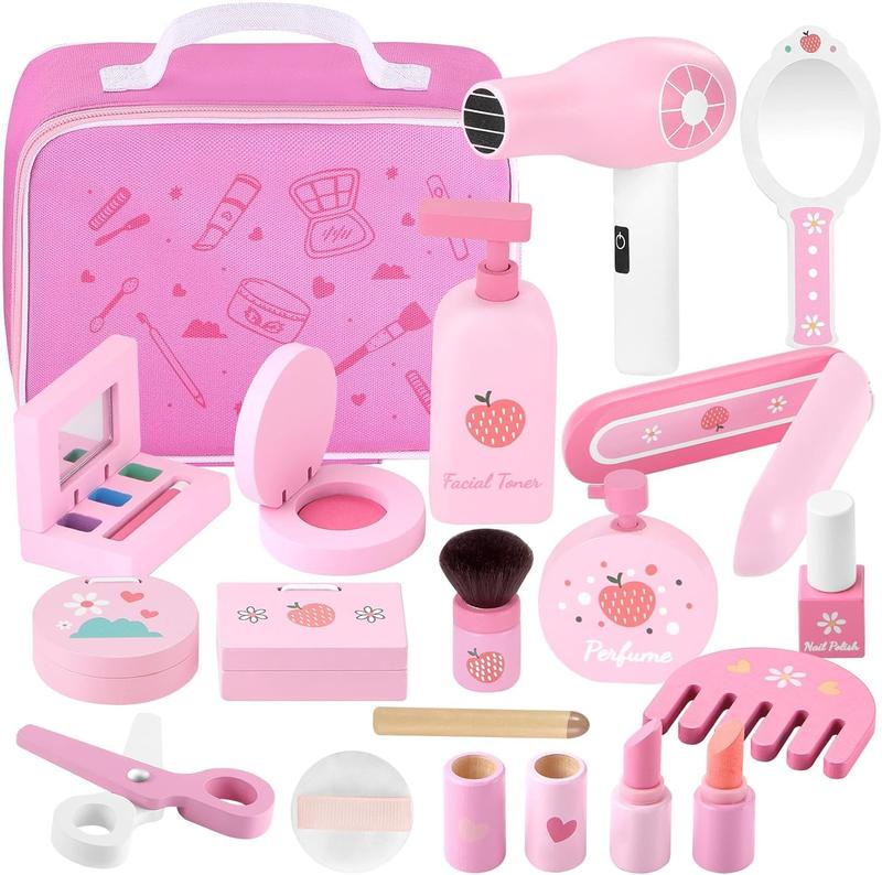 Christmas Wooden Makeup Toy Set Pretend Wood Beauty Hair Salon Toys for Girls with Styling Tools Christmas Birthday Gift