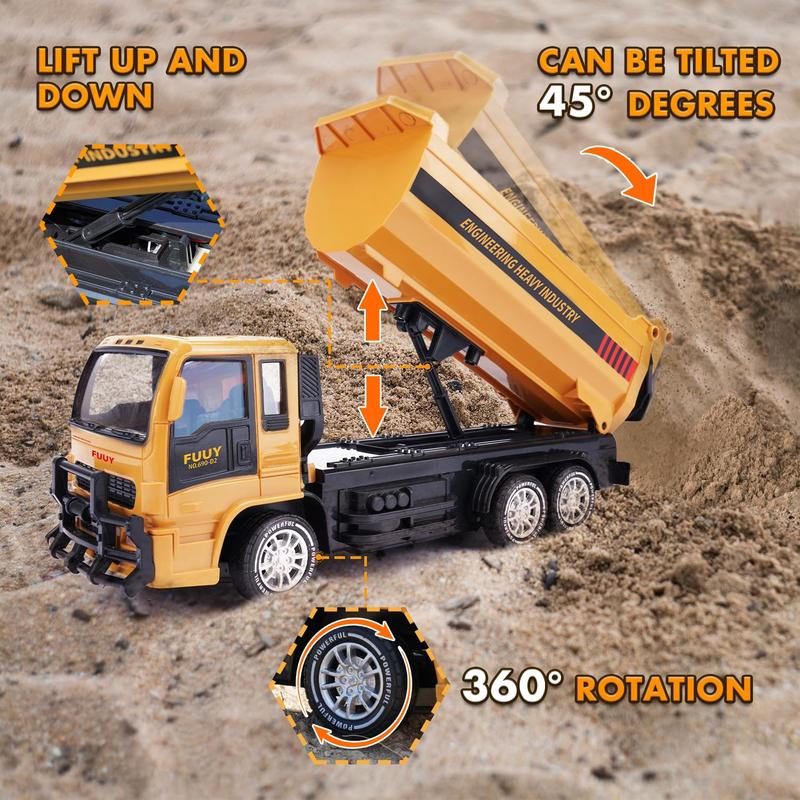 FUUY Remote Control Dump Truck Toy for Kids - Dual Battery, LED Headlights, 2.4GHz, 4-Wheel Drive, 360° Rotation, 45° Tilting Bed, All-Terrain Construction Vehicle for Sand, Stone, Lawn, and Road-Engineering Vehicle