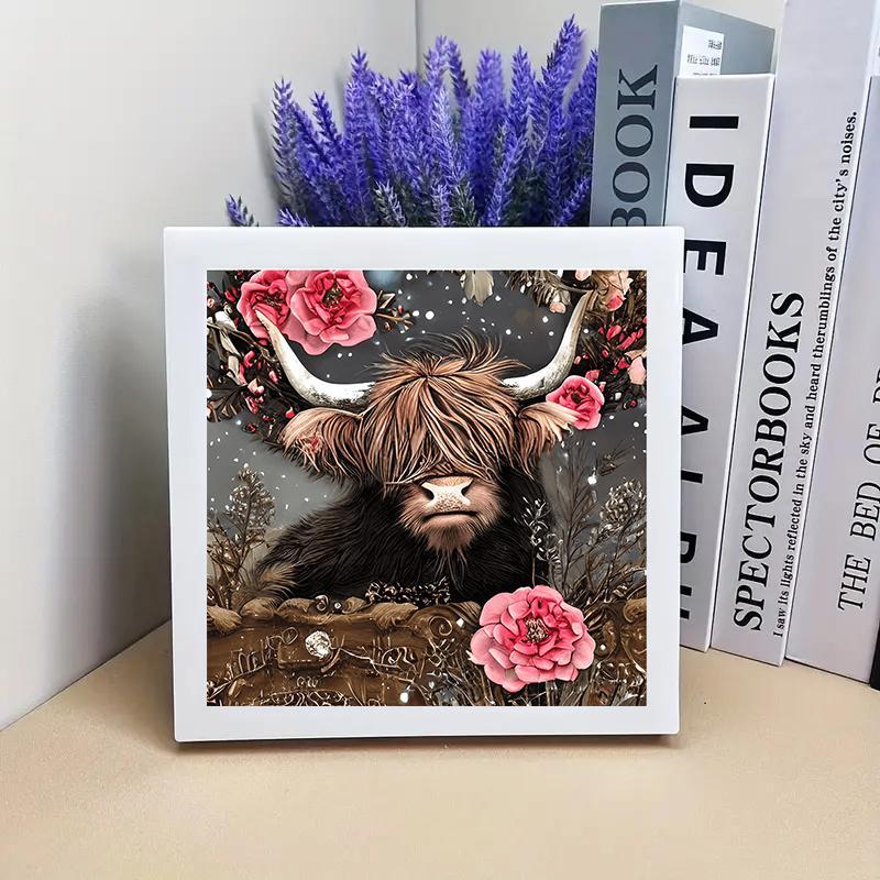 Highland Cow Pattern DIY Diamond Painting Kit without Frame, 6 Counts Set 5D Diamond Painting Cross Stitch Kit, DIY Decor Painting for Bedroom Living Room