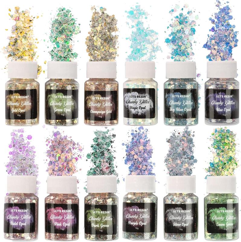 Opal Chunky Glitter for Resin, 12 * 10g Craft Powder for Tumblers Slime, Iridescent Chameleon Glitter Sequins Festival Decor(Each 0.35oz) - LET'S RESIN