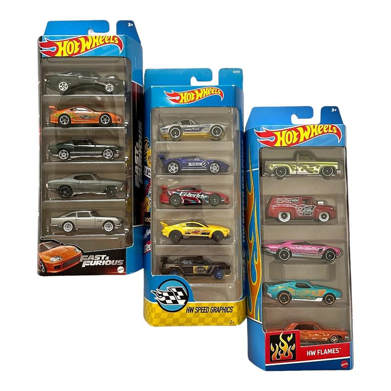 Hot Wheels 5-Pack Diecast Model Cars - Chevy Impala, Nissan Skyline, Toyota Supra, Honda Civic, Ford Mustang, Batman, 1:64 Scale Replica