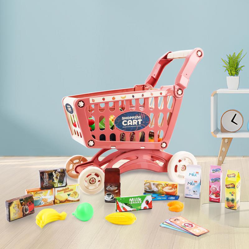 deAO Shopping Cart Trolley for Groceries 65 Food Fruit Vegetables Pretend Play Food Role Play Educational Toy Play Kitchen Toys Store Playset