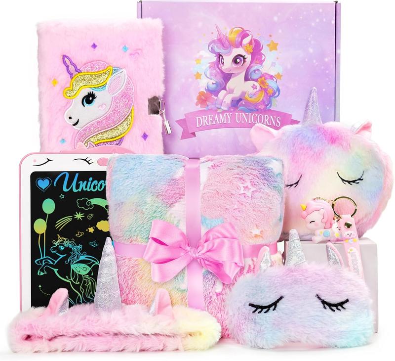 9 Pcs Unicorn Gifts for Girls Toys Christmas Birthday Gifts Kids Girls Age 3 4 5 6 7 8 9 12 with Glowing Blanket LCD Drawing Tablet, Unicorn Kids Girls Toys for Daughter, Niece, Granddaughter