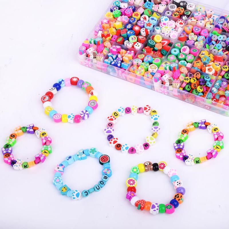 1000PCS Polymer Clay Beads Bracelet Making kit, 24 Style Cute Fun Beads Fruit Flower Animal Cake Butterfly Heart Beads Charms for Jewelry Necklace Earring Making DIY Accessories for Women Girls