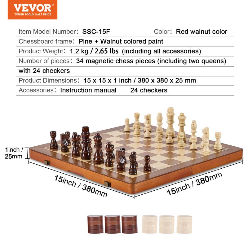 VEVOR Magnetic Wooden Chess Set, 15 inch 2-IN-1 Chess Checkers Game Set, Folding Chess Board Games for Adults , 2 Queens Portable Travel Gift Chess Set for Tournament Professional Beginner