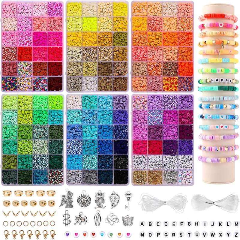 14000 PCS 136 Colors Clay Beads Bracelet Making Kit 6 Boxes Friendship Bracelet Kit Flat Polymer Clay Beads Spacer Heishi Beads for Jewelry Making with Pendant Charms Kit for Girls Ages 6-12