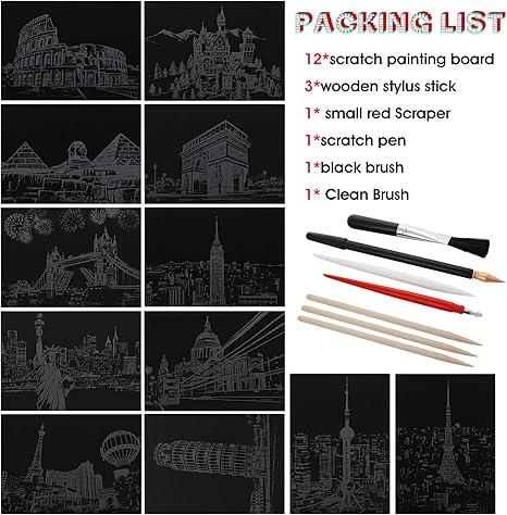 12 Sheets Scratch Painting, Sketch Pads DIY Art Craft City Series Night View Scratchboard for Adults and Kids, Craft Art Kits with 6 Tools-(7.8 X 5.5 Inches SIZE)