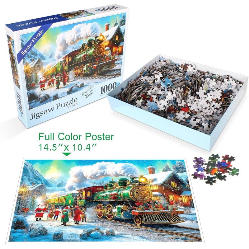 Christmas Puzzles for Adults 1000 Pieces Winter Train Town Jigsaw Puzzles for Adult Puzzles 1000 Pieces with Letters on Back Challenging Holiday Family Puzzle Gifts for Women Men Seniors