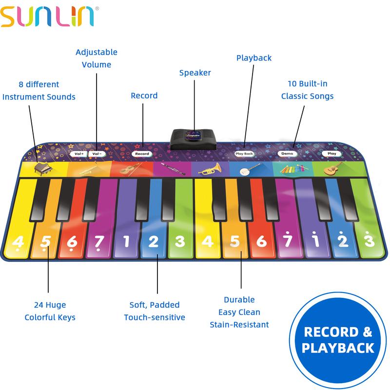 SUNLIN 6 ft. Giant Floor Piano Mat for Kids & Toddlers, Giant Piano Mat, 24 Keys, 10 Built in Songs, 8 Instrument Sounds, Record & Playback, Song Booklet, Musical Toy Gift for Boys & Girls Age 3 4 5 6 7 8 9