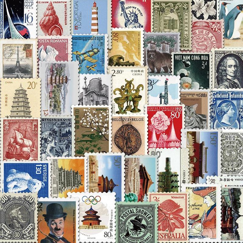 Vintage Postage Stamp Design Sticker, 64pcs set Retro Postage Stamp Sticker, DIY Decorative Sticker for Phone, Computer, Guitar, Bag, Water Cup