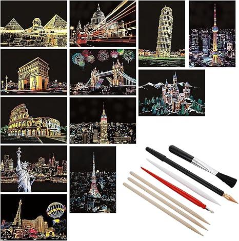 12 Sheets Scratch Painting, Sketch Pads DIY Art Craft City Series Night View Scratchboard for Adults and Kids, Craft Art Kits with 6 Tools-(7.8 X 5.5 Inches SIZE)