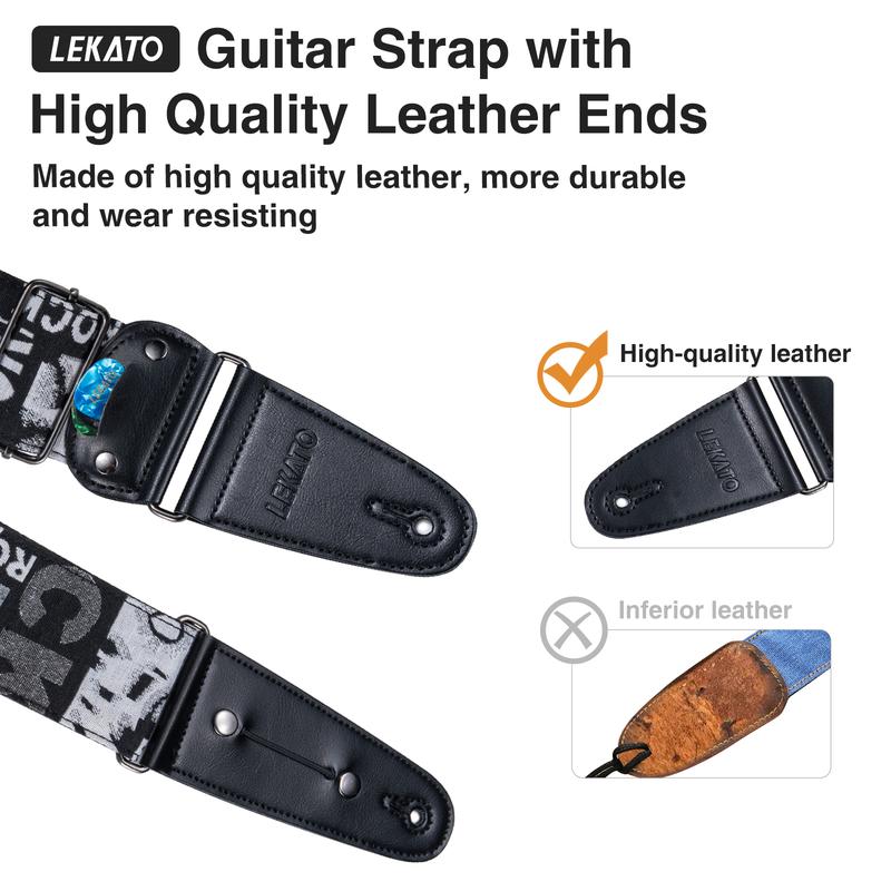 LEKATO LGS-9 Guitar Straps Electric Bass Guitar Strap with Pick Holder 2 Strap Locks & 6 Guitar Picks Cotton Bass Guitar Strap Adjustable Length from 37