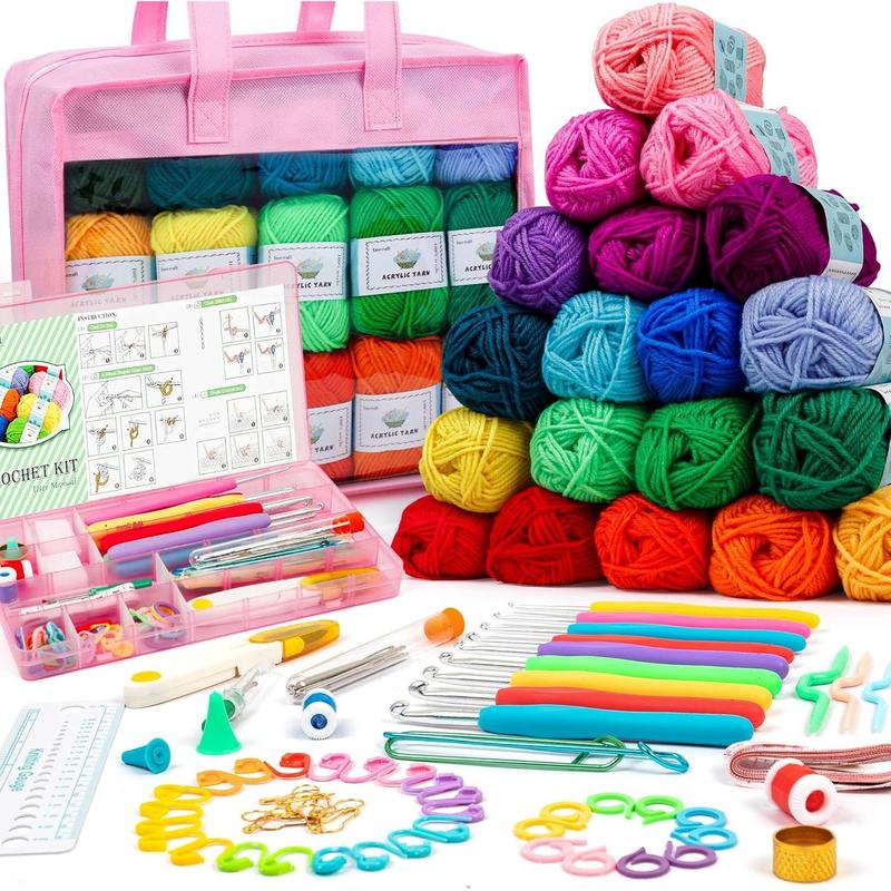 Crochet Yarn Kit for Beginners Adults and , Includes 1650 Yards 30 Colors  Skeins, User Manual, Hooks, Pink Bag etc, Make Amigurumi & Crocheting Projects, Starter Set for Professionals