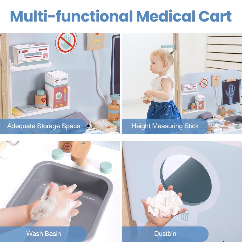 Joylike Wooden Medical Cart， Pretend Play Set Toy for Kids，With All Kinds of Wooden Medical Device