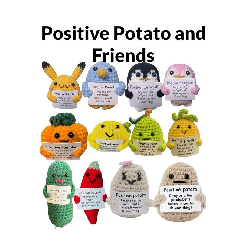 Crochet Positive Potato uplifting positive energy and vibes, positive pepper, lemon, parrot, penguin, pumpkin, Mermaid, Cat, Cow PLUS More choices. Great gifts to carry anywhere