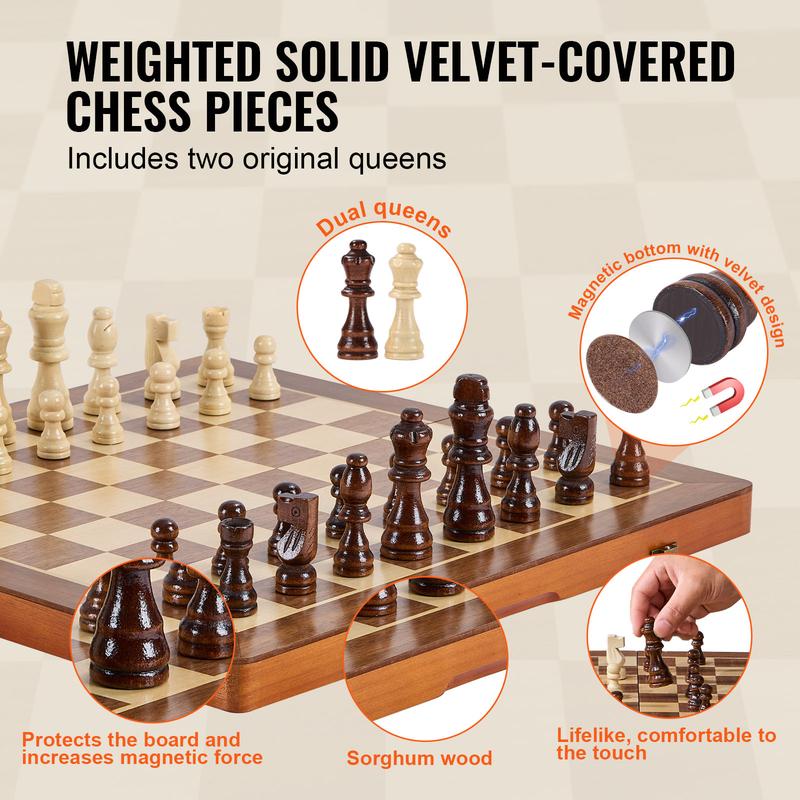 VEVOR Magnetic Wooden Chess Set, 15 inch 2-IN-1 Chess Checkers Game Set, Folding Chess Board Games for Adults , 2 Queens Portable Travel Gift Chess Set for Tournament Professional Beginner