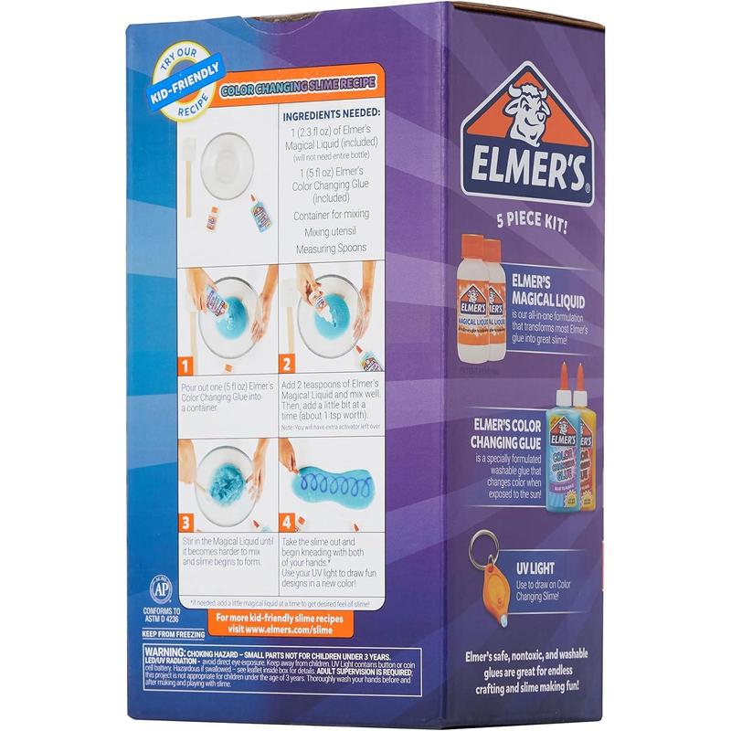 Elmer's Color Changing Slime Kit | Slime Supplies Include Elmer's Color Changing Glue, Elmer's Magical Liquid Slime Activator, UV Light, 5 Piece Kit, Blue Purple + Yellow Red