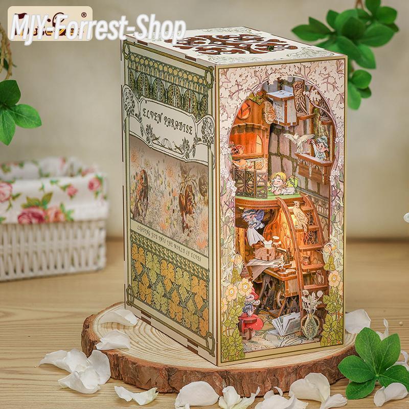 Elven Paradise Dollhouse - Gift Home Office - DIY Kit - 3D Wooden Puzzle. With LED Night Light. Handmade Craft. Charming Book Nook. Magical Decor.