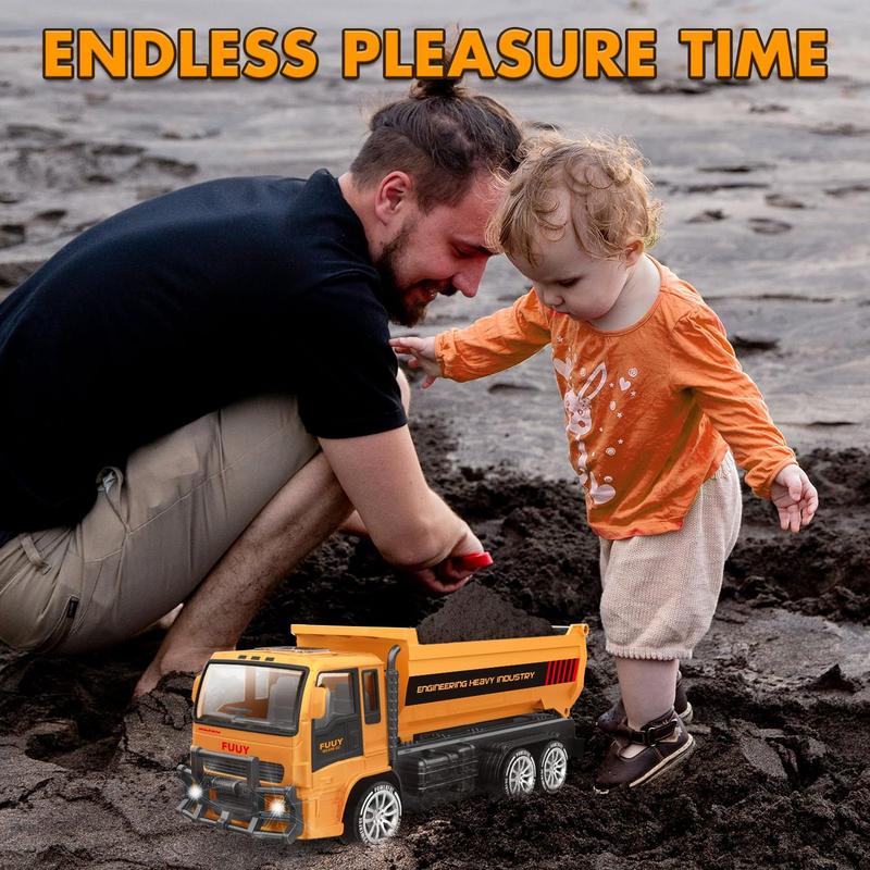 FUUY Remote Control Dump Truck Toy for Kids - Dual Battery, LED Headlights, 2.4GHz, 4-Wheel Drive, 360° Rotation, 45° Tilting Bed, All-Terrain Construction Vehicle for Sand, Stone, Lawn, and Road-Engineering Vehicle