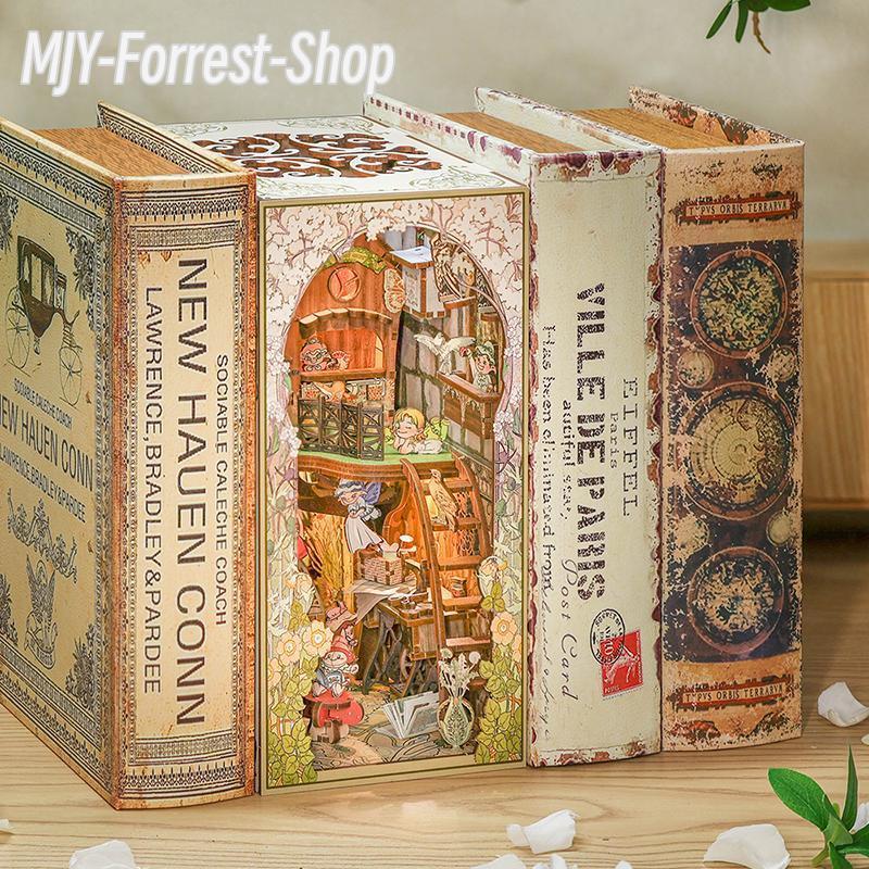 Elven Paradise Dollhouse - Gift Home Office - DIY Kit - 3D Wooden Puzzle. With LED Night Light. Handmade Craft. Charming Book Nook. Magical Decor.